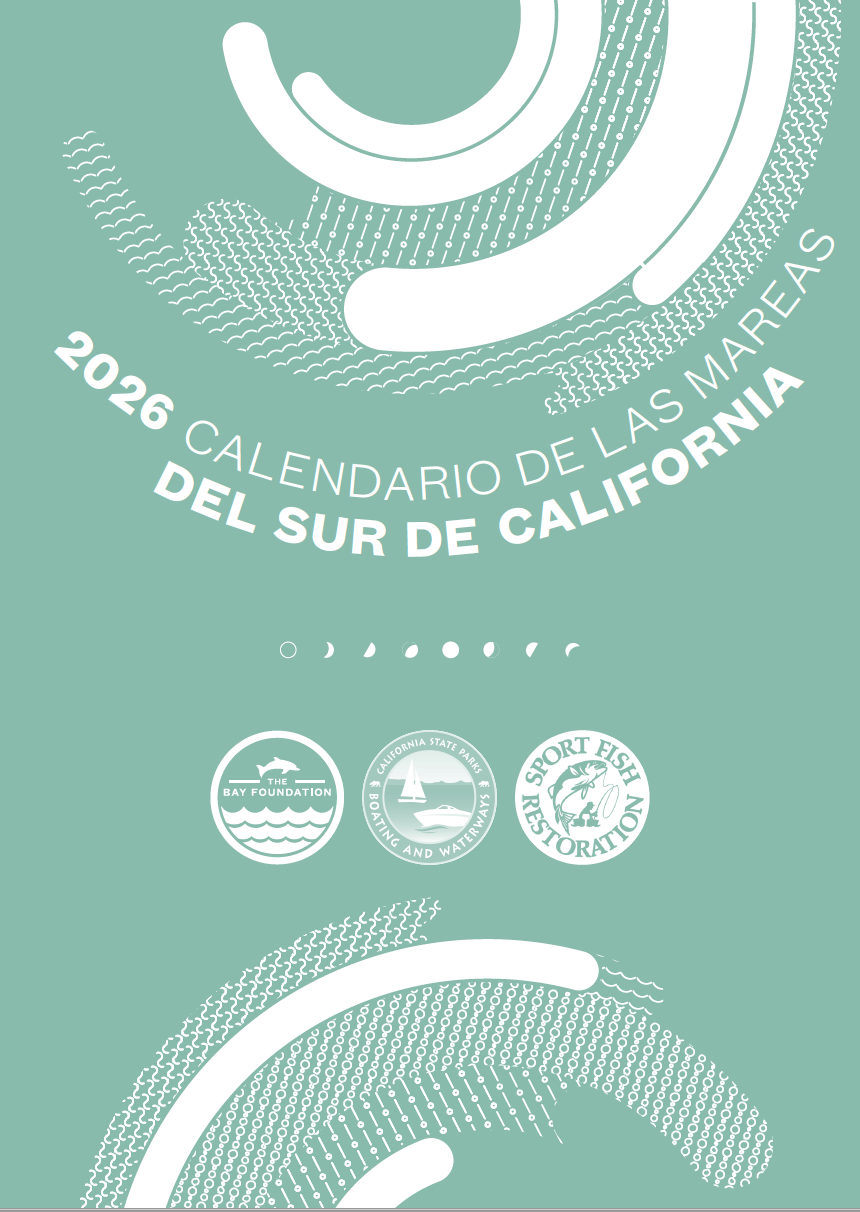 2026 tide calendar front cover in sea foam green with TBF logo, in Spanish